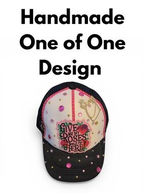 Handmade Embellished 'Give Me My Roses' Trucker Hat - Pink & Black